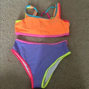 Orange and Purple Bikini with Sporty Cut and Color-Blocking Design